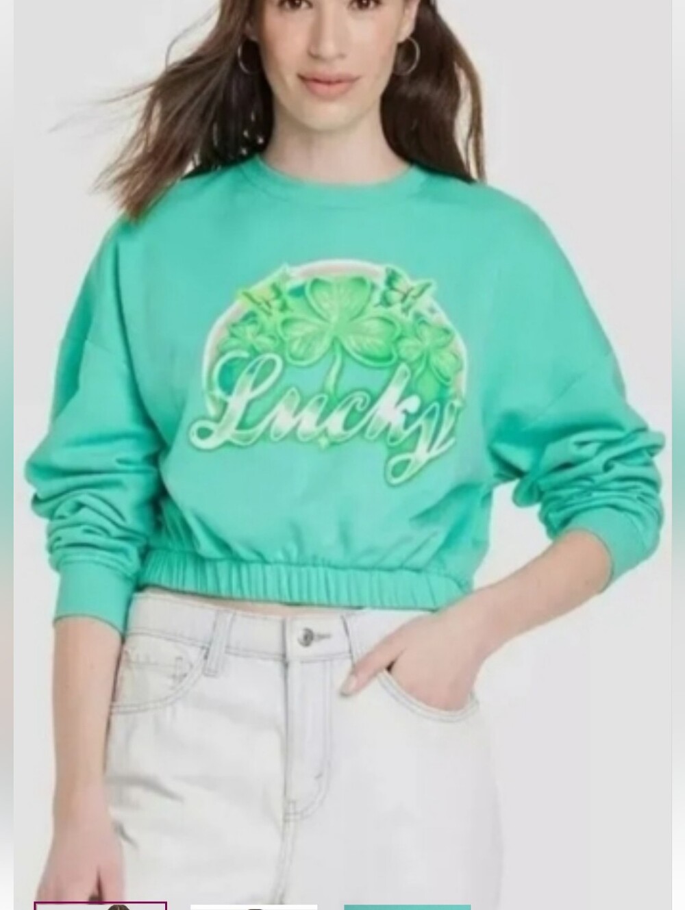 NWOT Lucky Graphic Cropped Sweatshirt - Teal Green